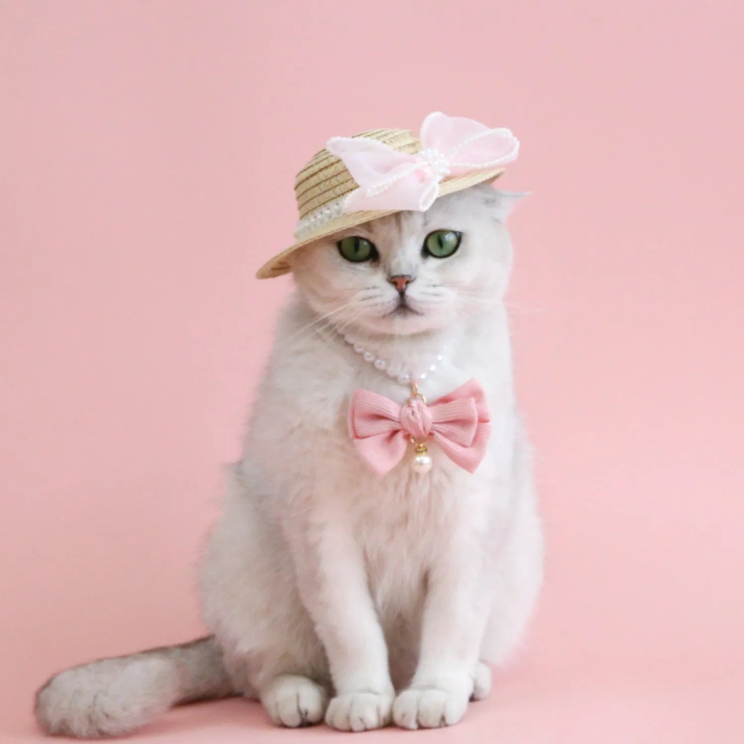 Woven Lafite leaf cat hat with pearl butterfly bow decoration in pink, purple, blue or white colours