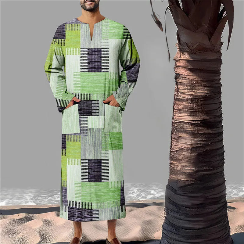 Men's classic Arabic long robe in bamboo linen with colour matching pattern, loose fit, front view