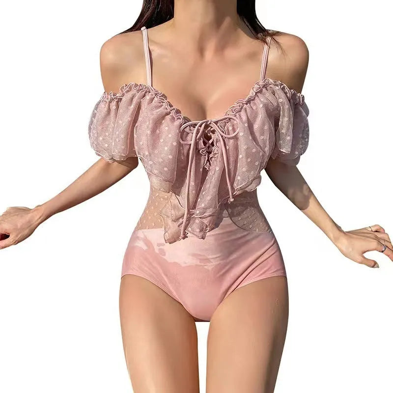Solid pink women's one-piece nylon swimsuit for swimming and wading