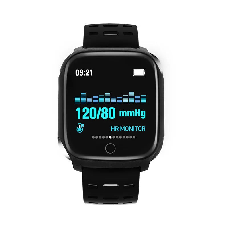 F16 smart watch on wrist showing black colour option with IPS screen displaying heart rate data.
