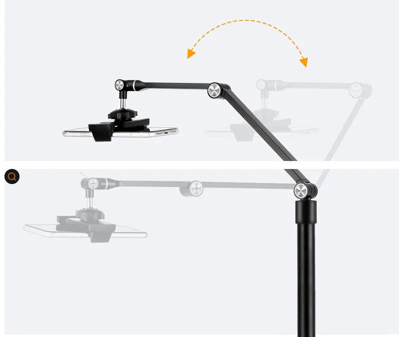 Black vertical floor stand with LED fill light holding mobile phone for filming