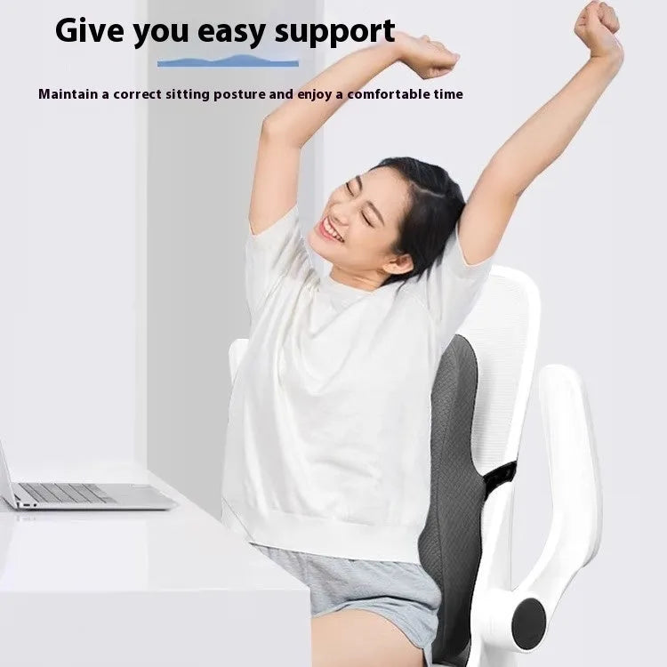 Grey lumbar support pillow for office chairs measuring 40x40x8cm with contoured design
