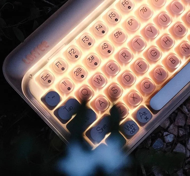 Wireless mechanical keyboard set with calculator, mouse, and desk light on office desk