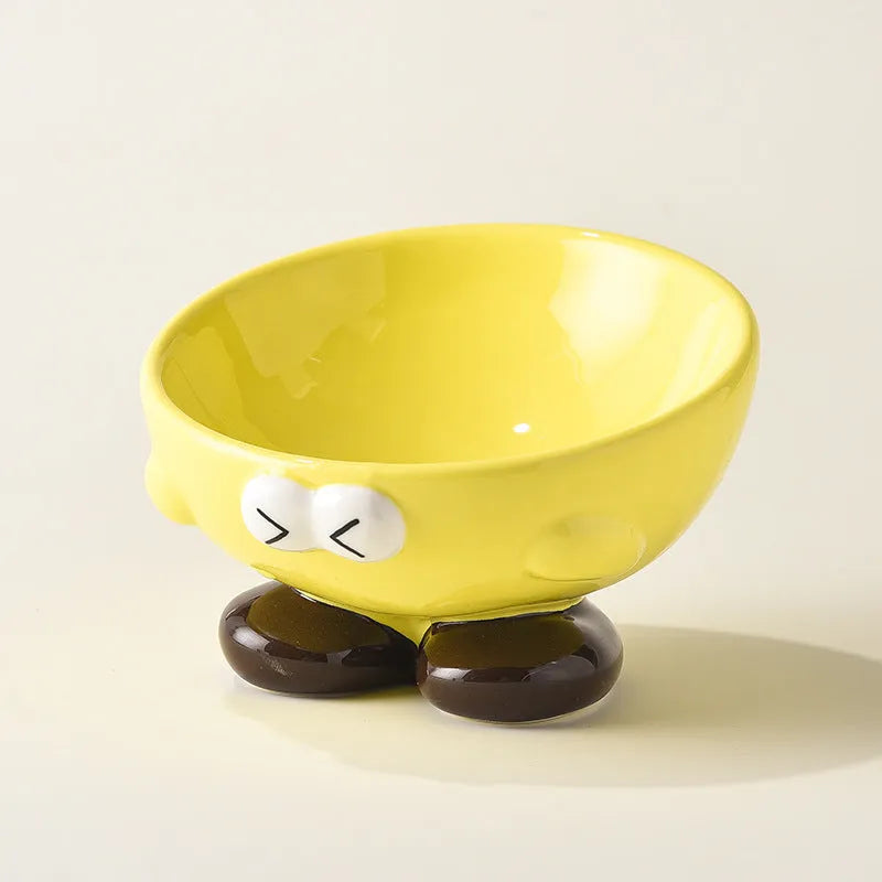 Ceramic pet bowl with oblique tall design in blue colour for cervical spine protection