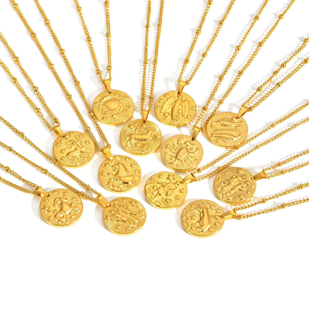 Stainless steel zodiac constellation bead necklace with twelve star signs on round geometric pendants and cross chain