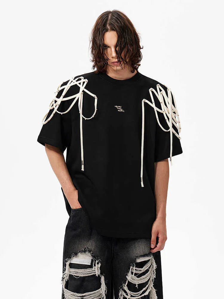 Black loose fit T-shirt with rivet ribbon padded shoulders and short sleeves