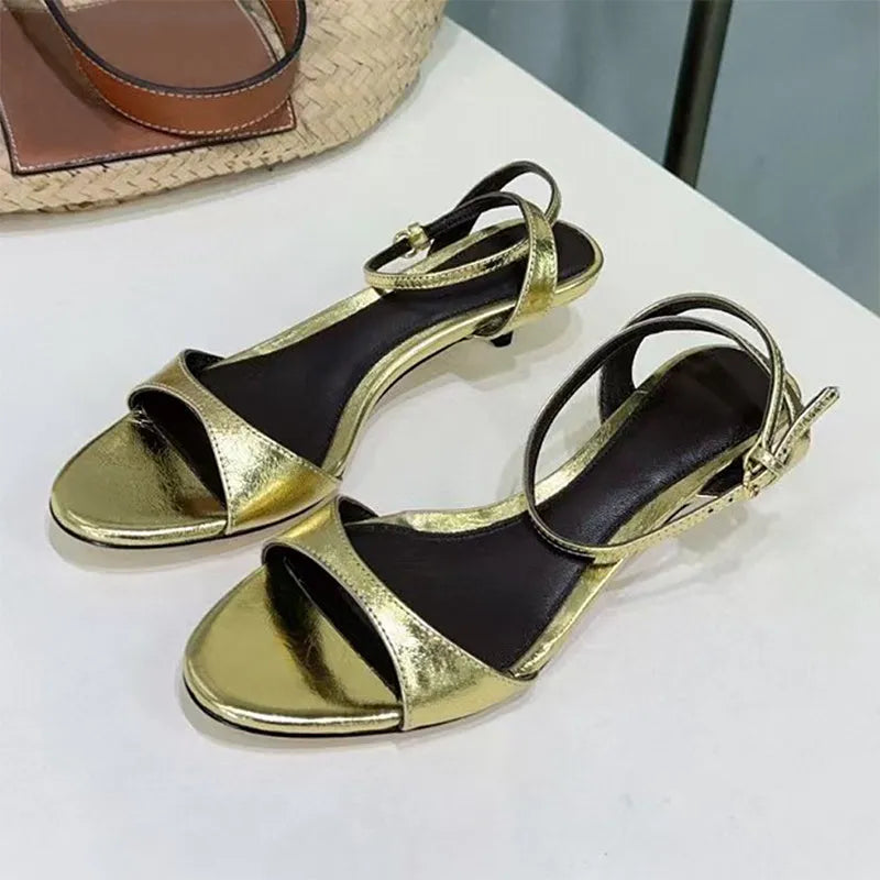 Women's retro French-style leather sandals with open toe and kitten heel in multiple colours