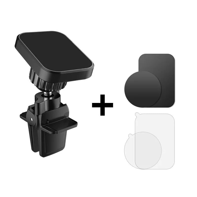 Black magnetic car air vent phone holder attached to vehicle air conditioning outlet