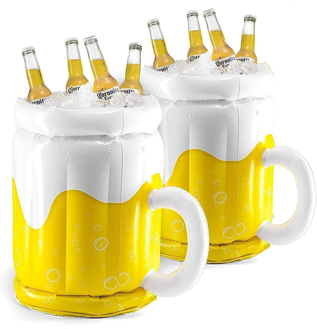 Large yellow inflatable beer mug cooler pool float with drink cans inside.