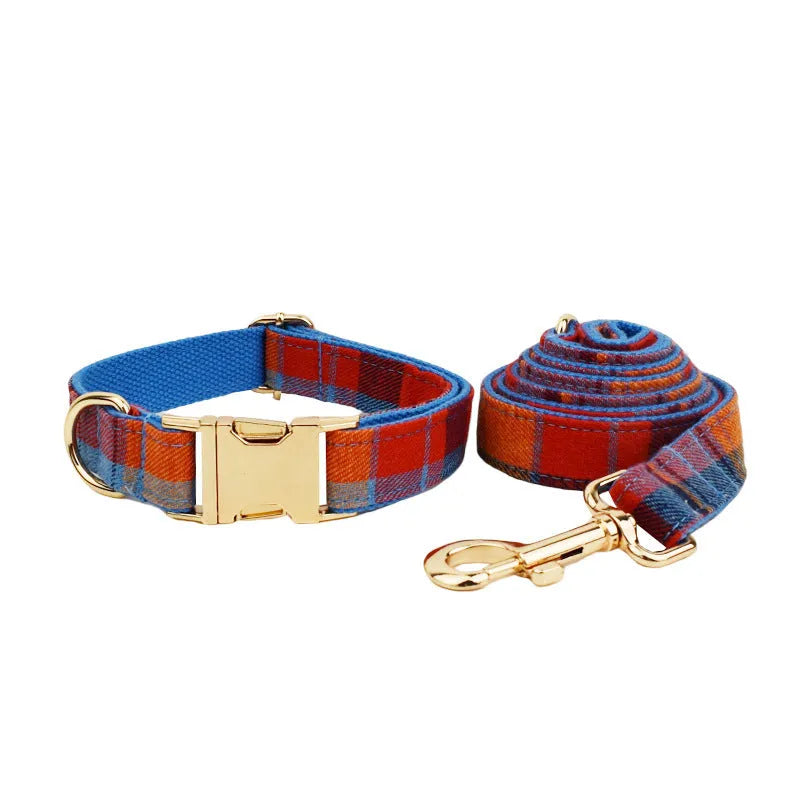 Blue velvet plaid dog collar and matching lead set with optional decorative bow accessory