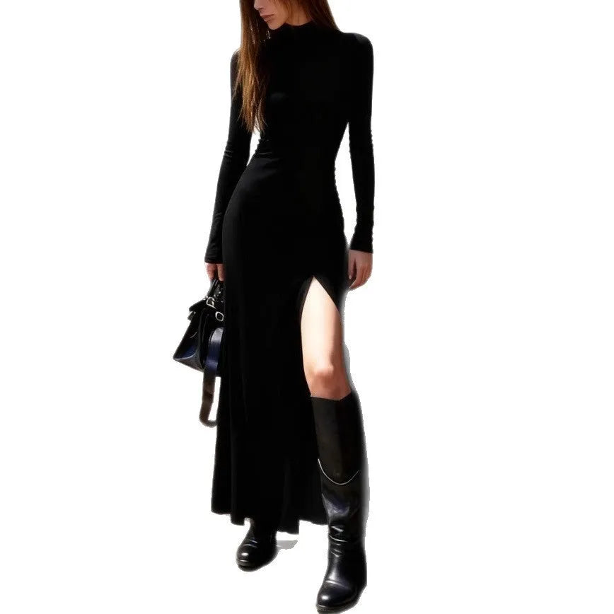 Black long sleeve high-waist long skirt dress polyester pullover style women casual wear