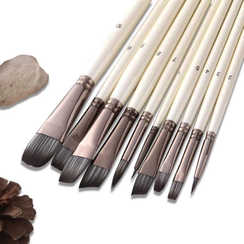 10 pearl white nylon watercolour brushes with wood handles in PVC packaging
