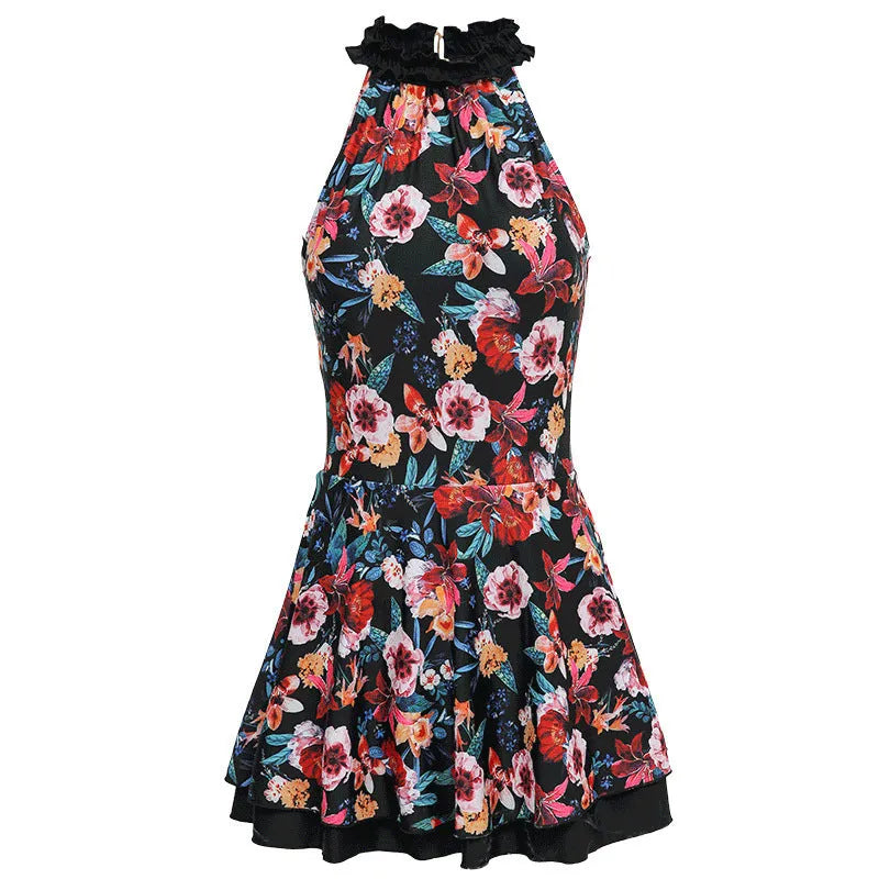 Black printed one-piece swimsuit for women with conservative design, shown flat