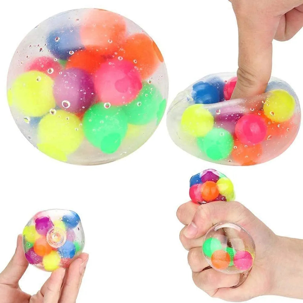 Rainbow decompression ball made of TPR with rainbow beads inside, measuring 6cm x 6cm x 6cm