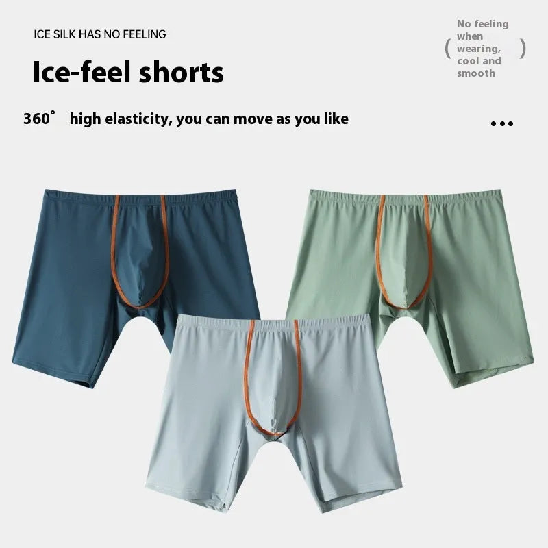 Ice silk nylon men's boxers on a mid-waist hanger, showing the U-convex pouch and available colour options.