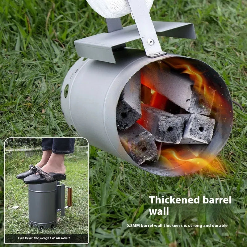 Zinc-iron alloy charcoal fire starter bucket with oven igniter for outdoor barbecues