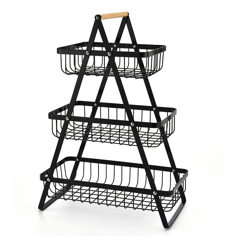 Black iron double-layer fruit basket with wooden handle, detachable for flexible storage