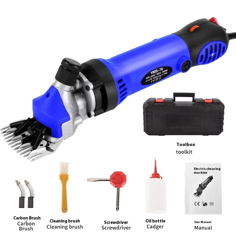 Yellow electric wool shearing clippers with 110V cable, multiple blade sets, and tools in a plastic storage box.
