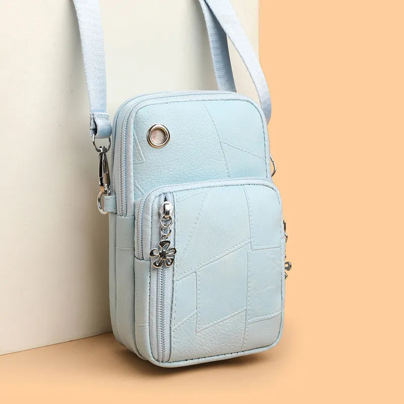 Vertical square mini crossbody phone bag in PU leather, shown in available colours.