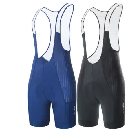 Cycling suspender shorts in black with moisture wicking polyester fabric and integrated suspenders