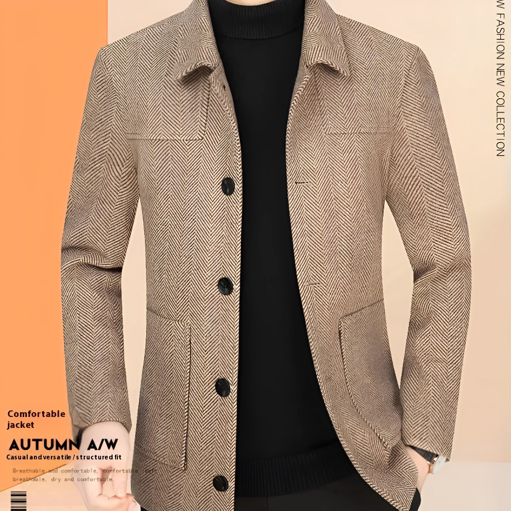 Men's lapel woolen business casual jacket in khaki color, long sleeves, regular length