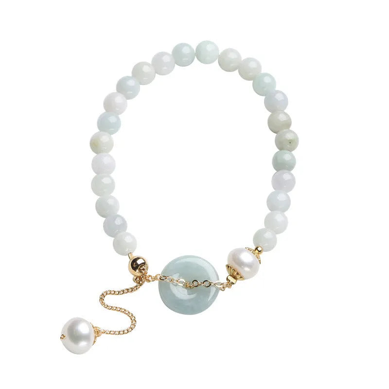 Jade bracelet with emerald peace buckle charm and pearl pendant in geometric national style design