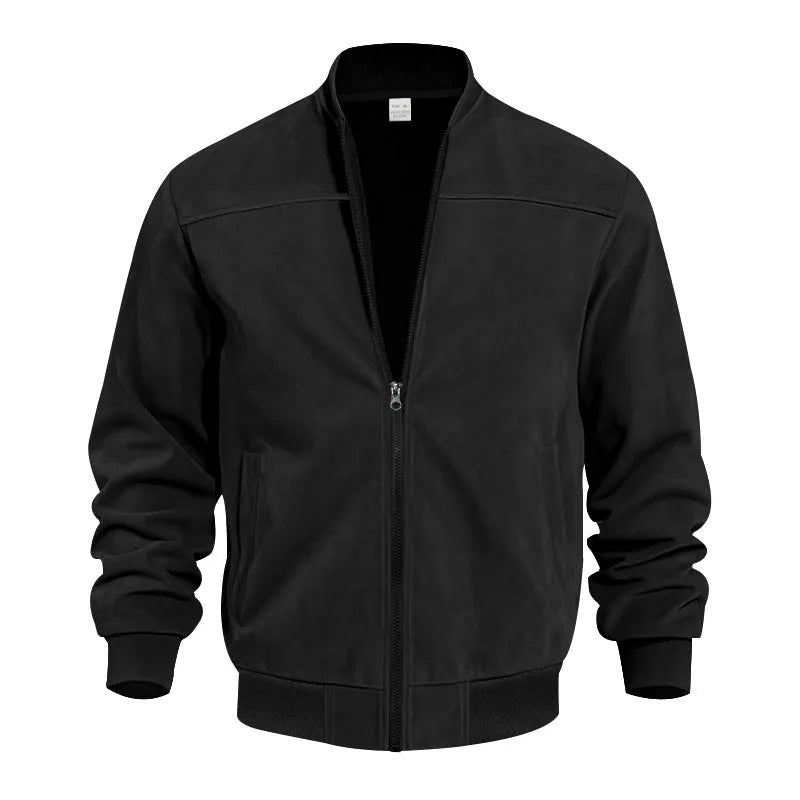 Men's plus size casual suede jacket with a zip and regular sleeves in Army Green colour.