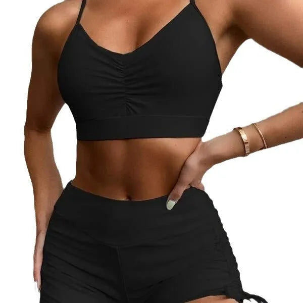Purple women's high-waist split bikini swimsuit top and shorts set.