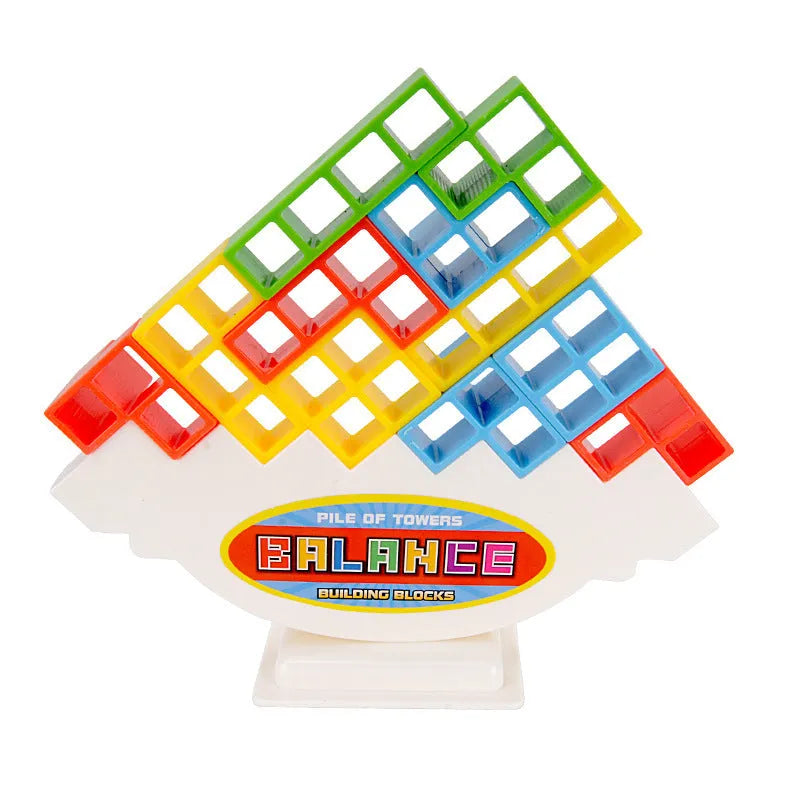 Plastic balance stacking game with coloured building blocks, chassis, and base on a table