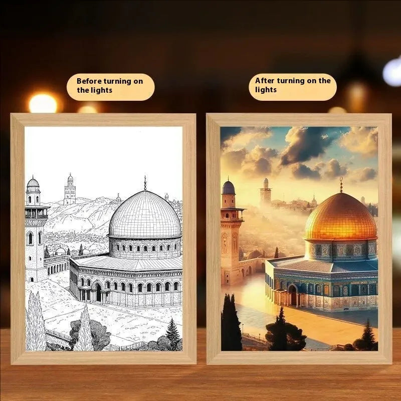 Modern rectangular handmade picture frame with illuminated spiritual artwork, showing USB cable.