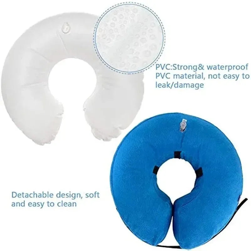 Blue inflatable dog recovery collar shown on a pet, with size chart for XS, S, M, L, XL.