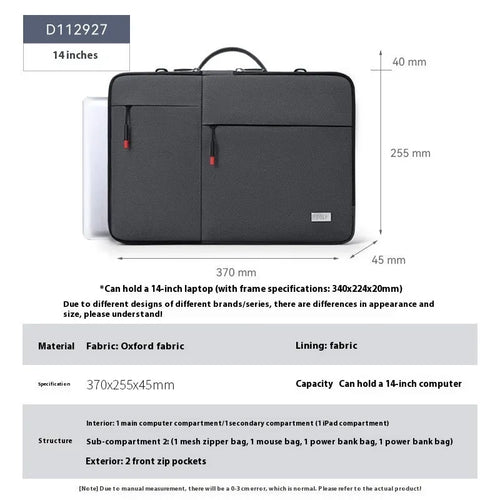 14-inch laptop protective sleeve in Oxford fabric with shockproof design in light grey or dark grey colour