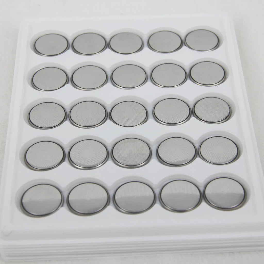Pack of 3V button cell batteries showing CR2032, CR2025, and CR2016 sizes for small electronics.