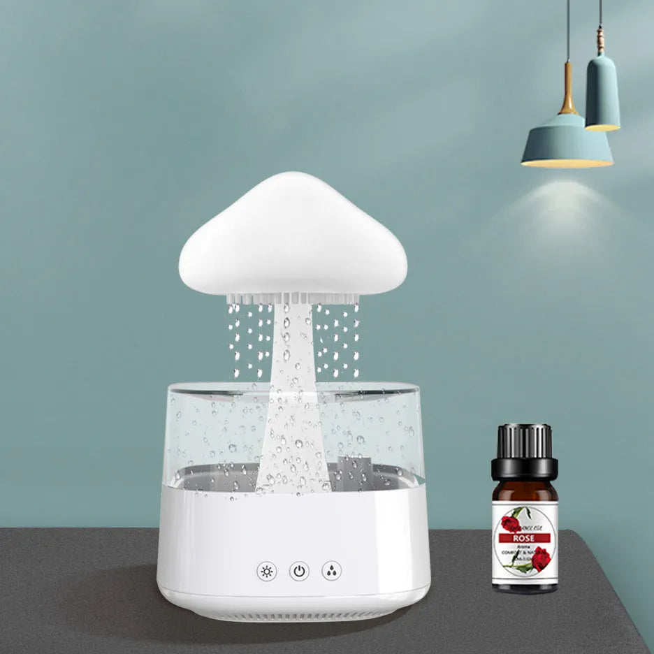 White raining cloud desk humidifier and night light with mushroom lamp design for aromatherapy