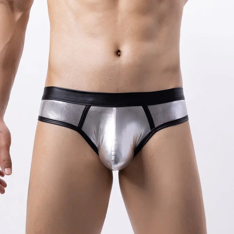Men's patent leather effect bikini swim briefs in gold, red, or silver colour on a low waist