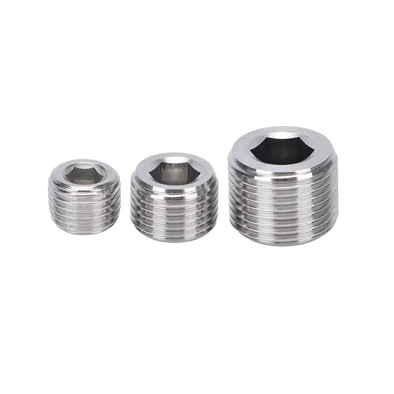 Stainless steel hexagon pipe plug for 3/8-inch bulkhead connections.