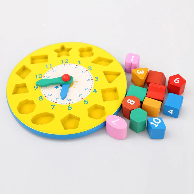 Wooden shape number clock teaching aid with digital alarm clock colour finish on white background