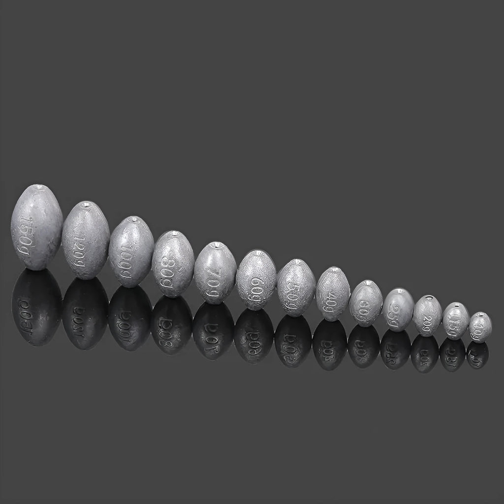 Rugby-shaped olive lead fishing sinker with scale Tongxin pattern, shown alongside weight options from 10g to 150g.