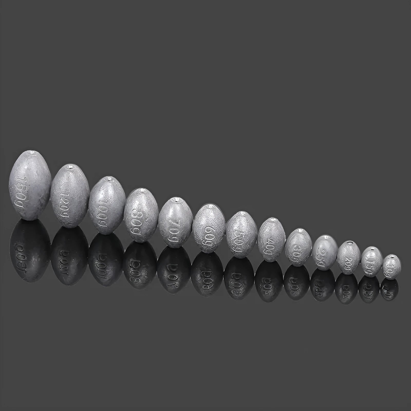 Rugby-shaped olive lead fishing sinker with scale Tongxin pattern, shown alongside weight options from 10g to 150g.