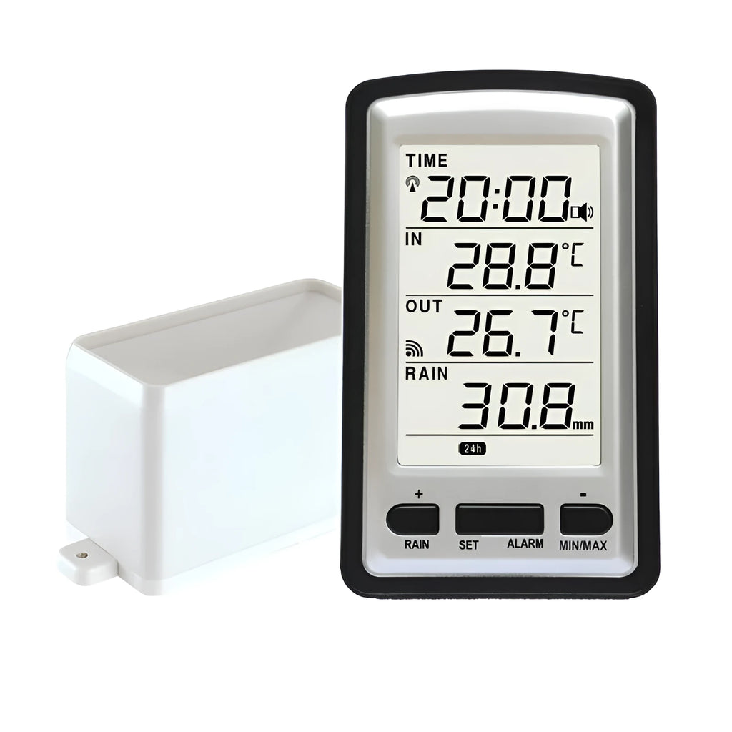 White and black plastic household rain gauge with electronic temperature and humidity meter, size 145x80mm, placed outdoors.