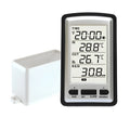 White and black plastic household rain gauge with electronic temperature and humidity meter, size 145x80mm, placed outdoors.