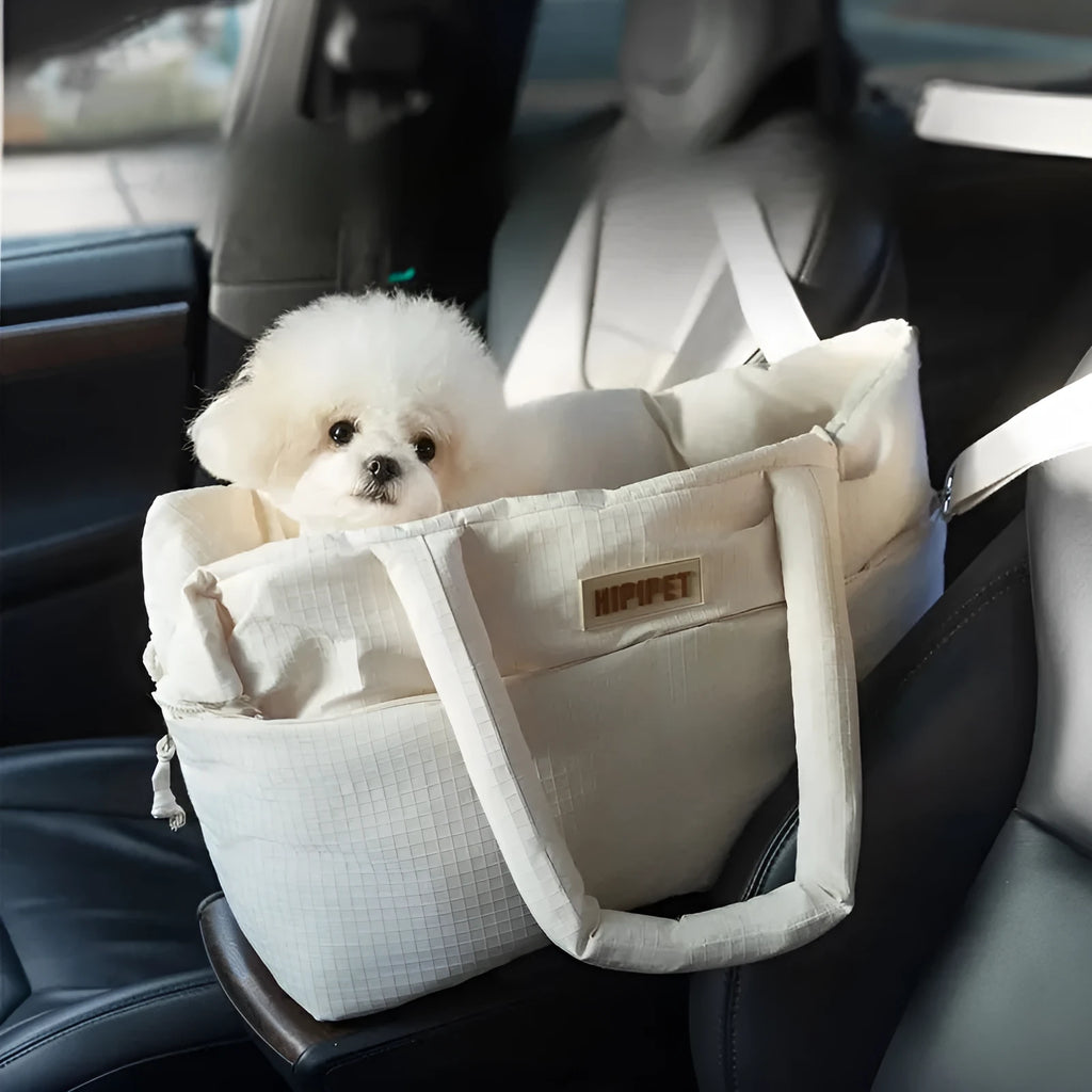 Dog car seat pet carrier with adjustable safety leash, plush waterproof fabric, Grey or White, sizes L and M