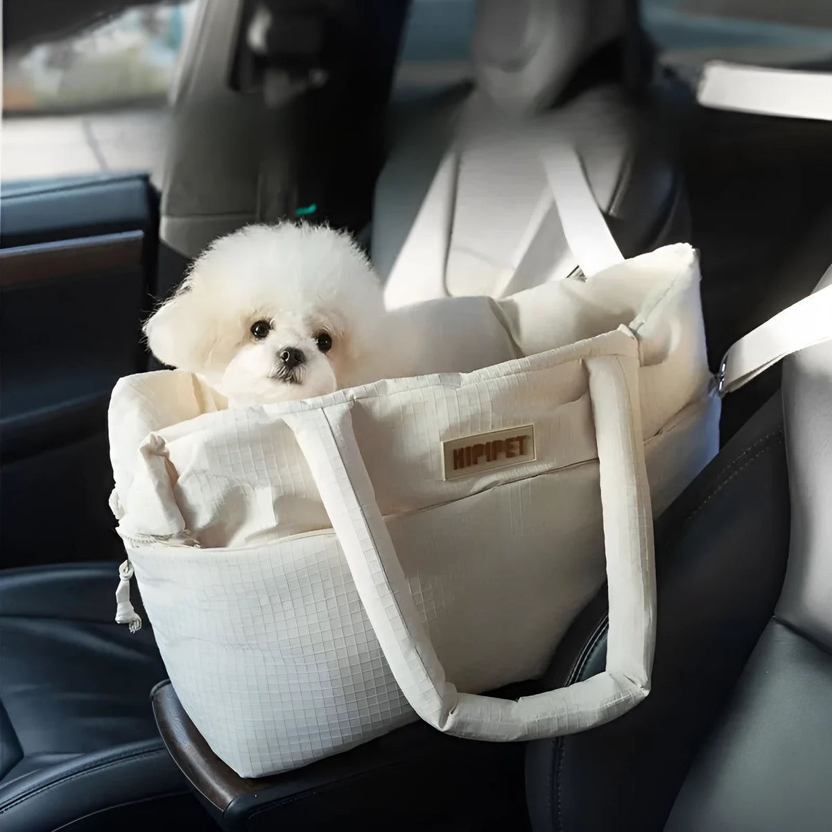 Dog car seat pet carrier with adjustable safety leash, plush waterproof fabric, Grey or White, sizes L and M