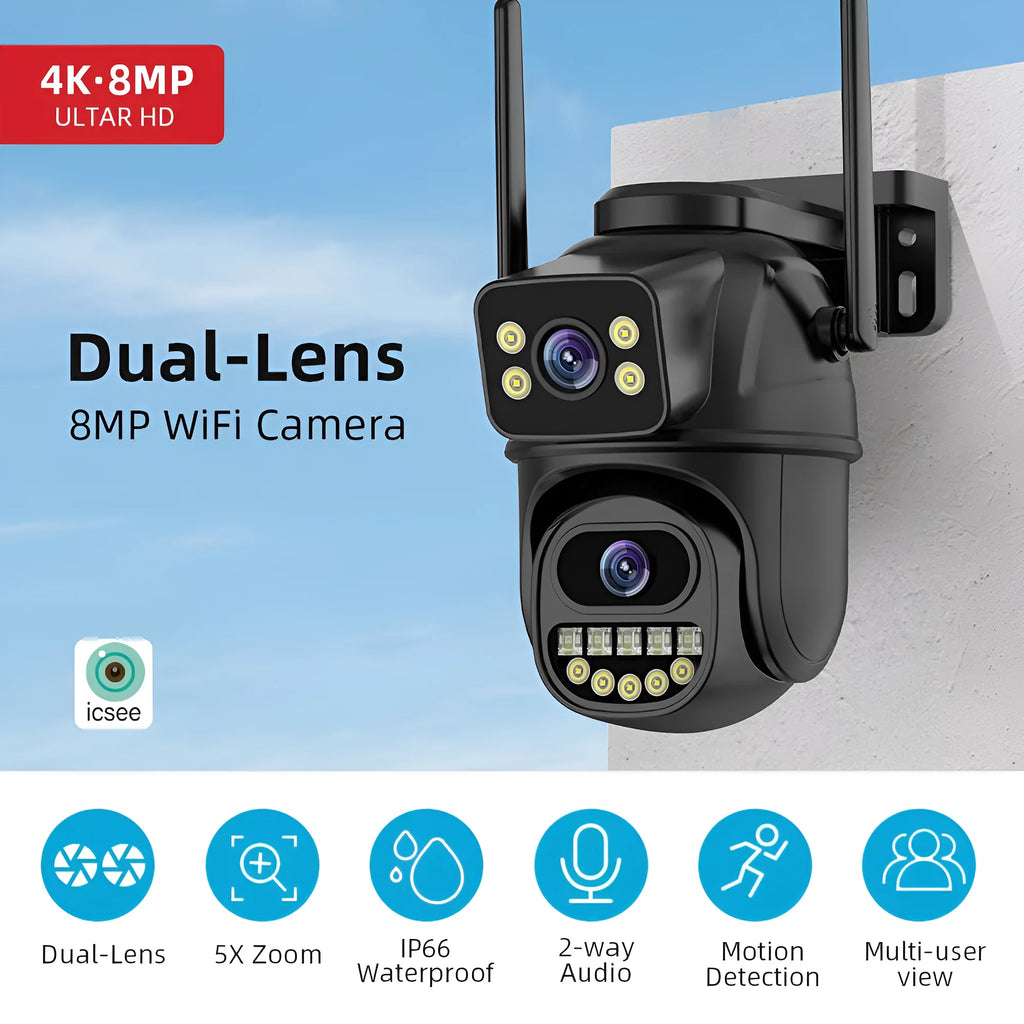 Black binocular gun ball linkage wireless surveillance camera with dual-screen humanoid tracking and hoistable bracket