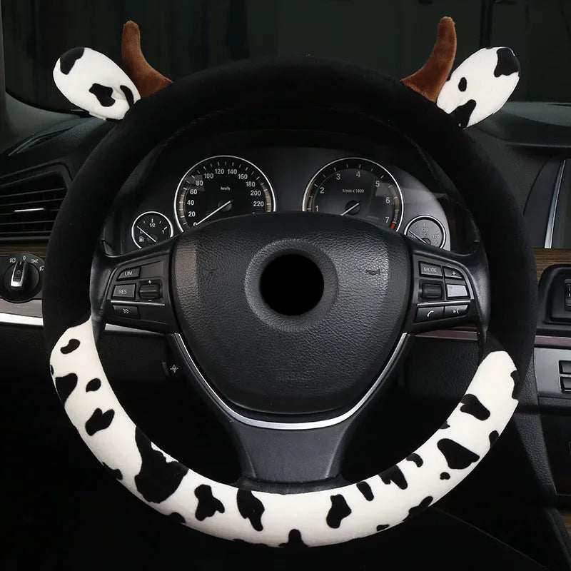 Black plush car steering wheel cover with 38cm diameter measurement