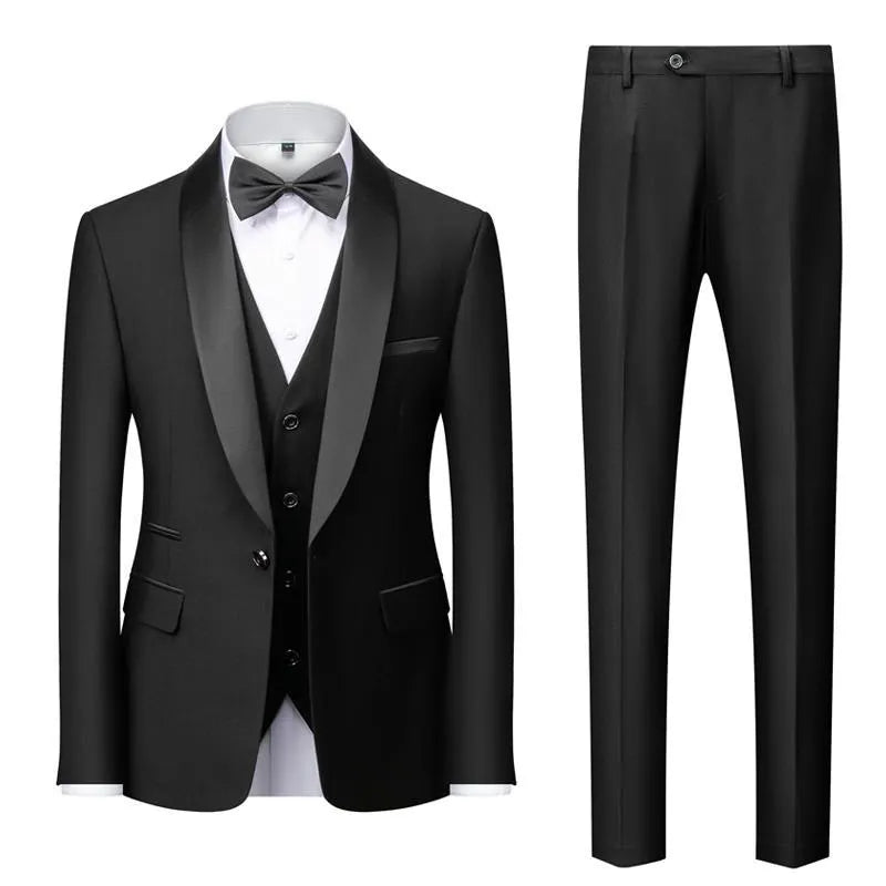 Men's three-piece slim fit suit set with green fruit collar in black and other colours, sizes S to 6XL
