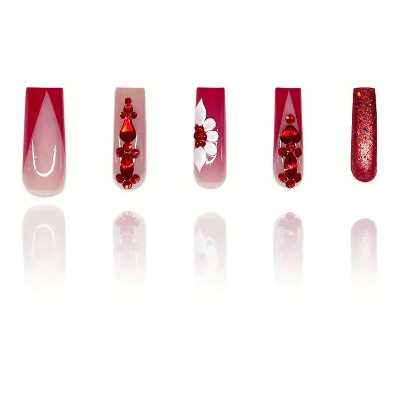 Sweet flowers pattern prismatic red diamond artificial nails in long European square style