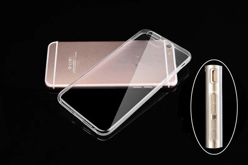 Transparent TPU soft shell mobile phone case for iPhone on a flat surface.