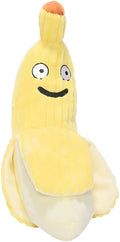 Yellow banana-shaped cat toy with plush fabric and crinkle paper sounds for indoor feline exercise