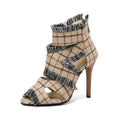 Women's plus size denim high heel sandals in leopard print, plaid, and dark blue colours.